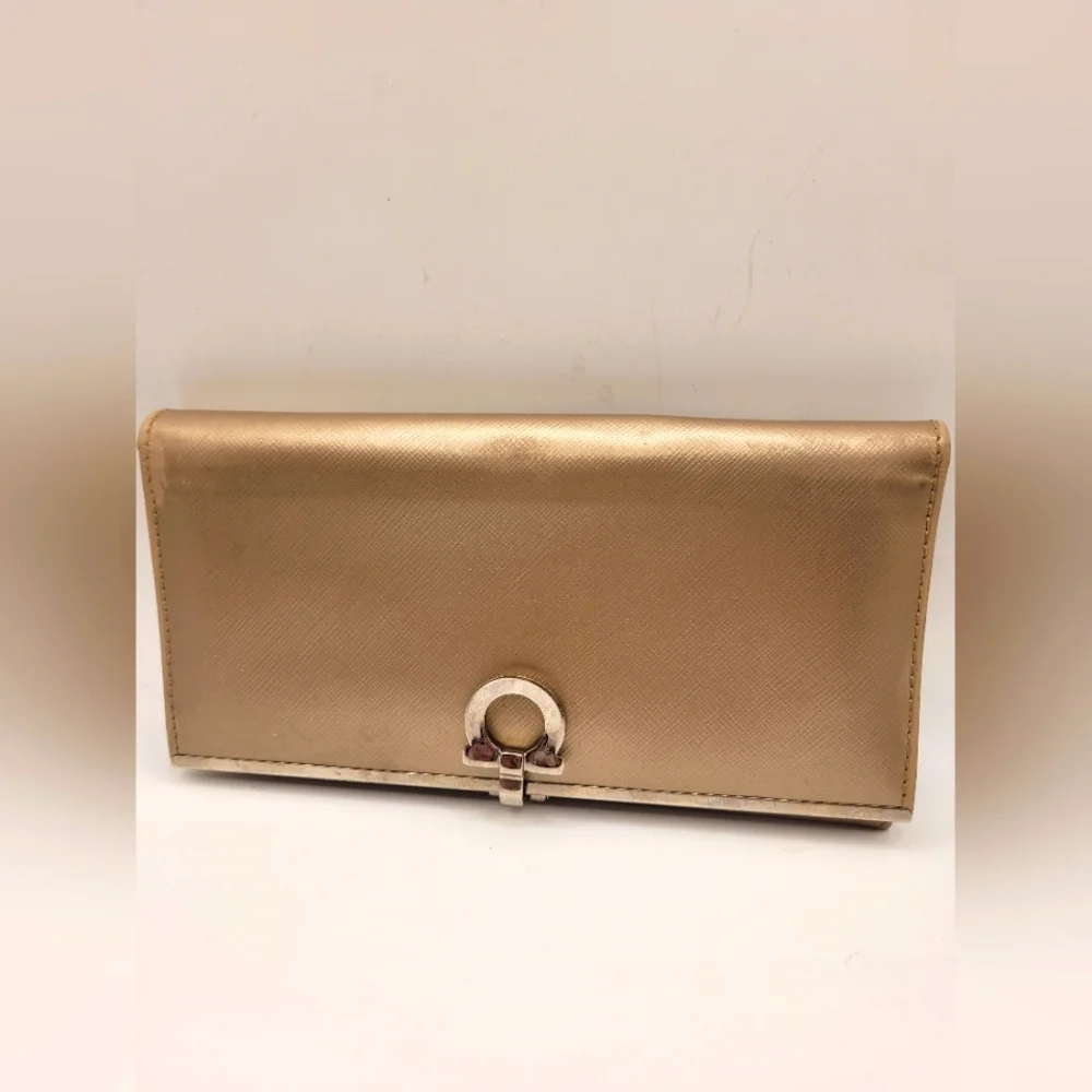 Salvatore Ferragamo Gancini Leather Long Gold Metallic Wallet